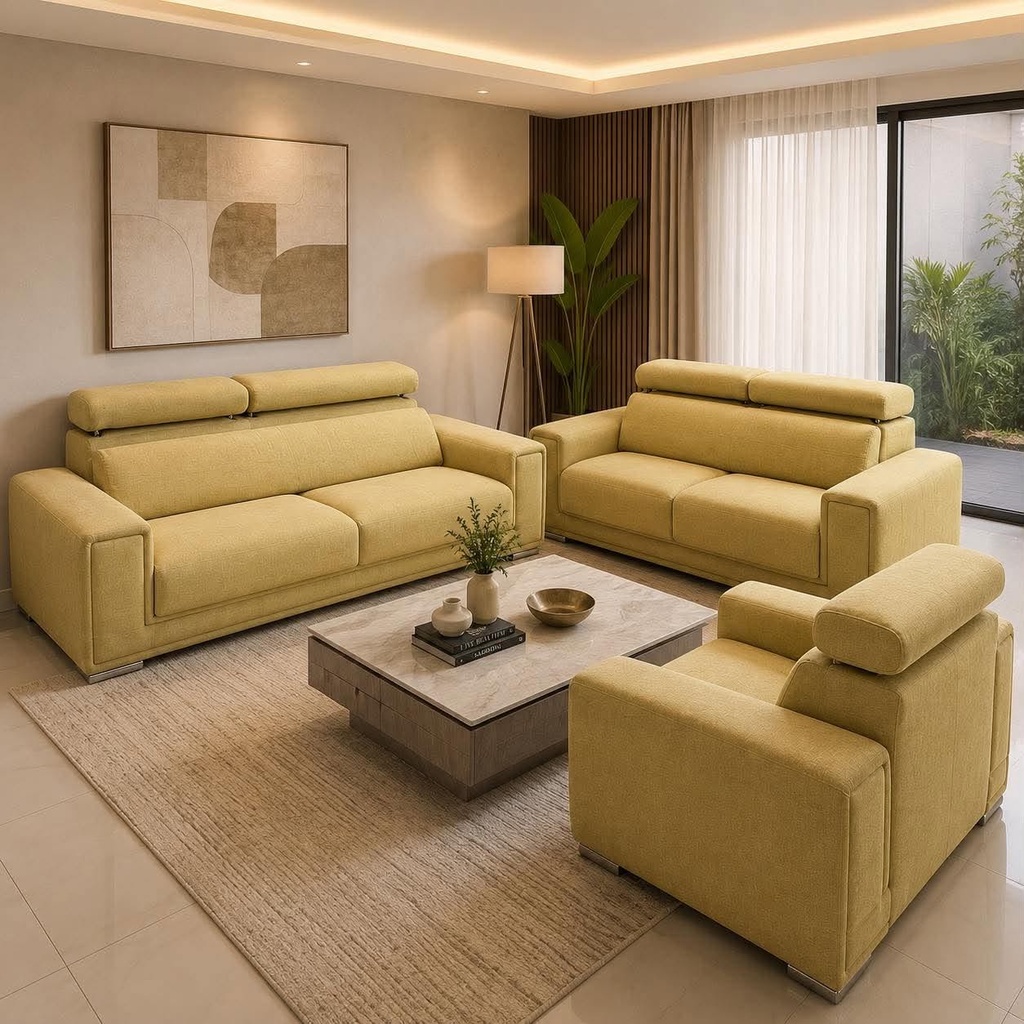 Salon complet 3-2-1 en tissu beige avec têtières réglables