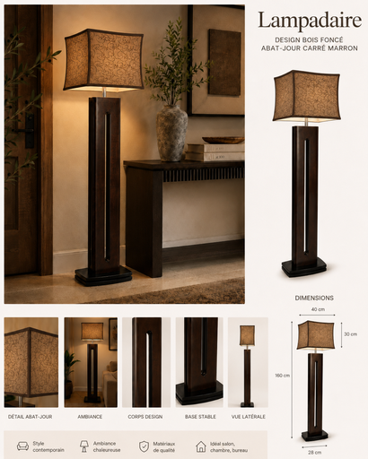 Lampadaire décoratif avec abat-jour carré marron