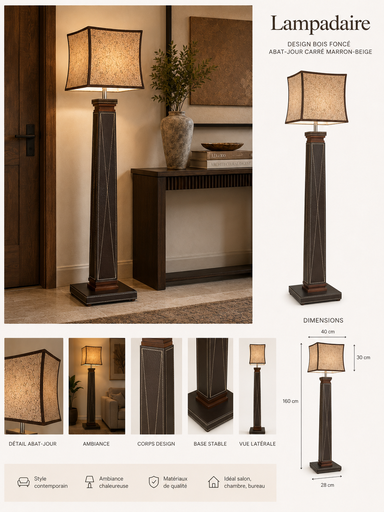 Lampadaire colonne surpiqué marron avec abat-jour carré à côtés courbés